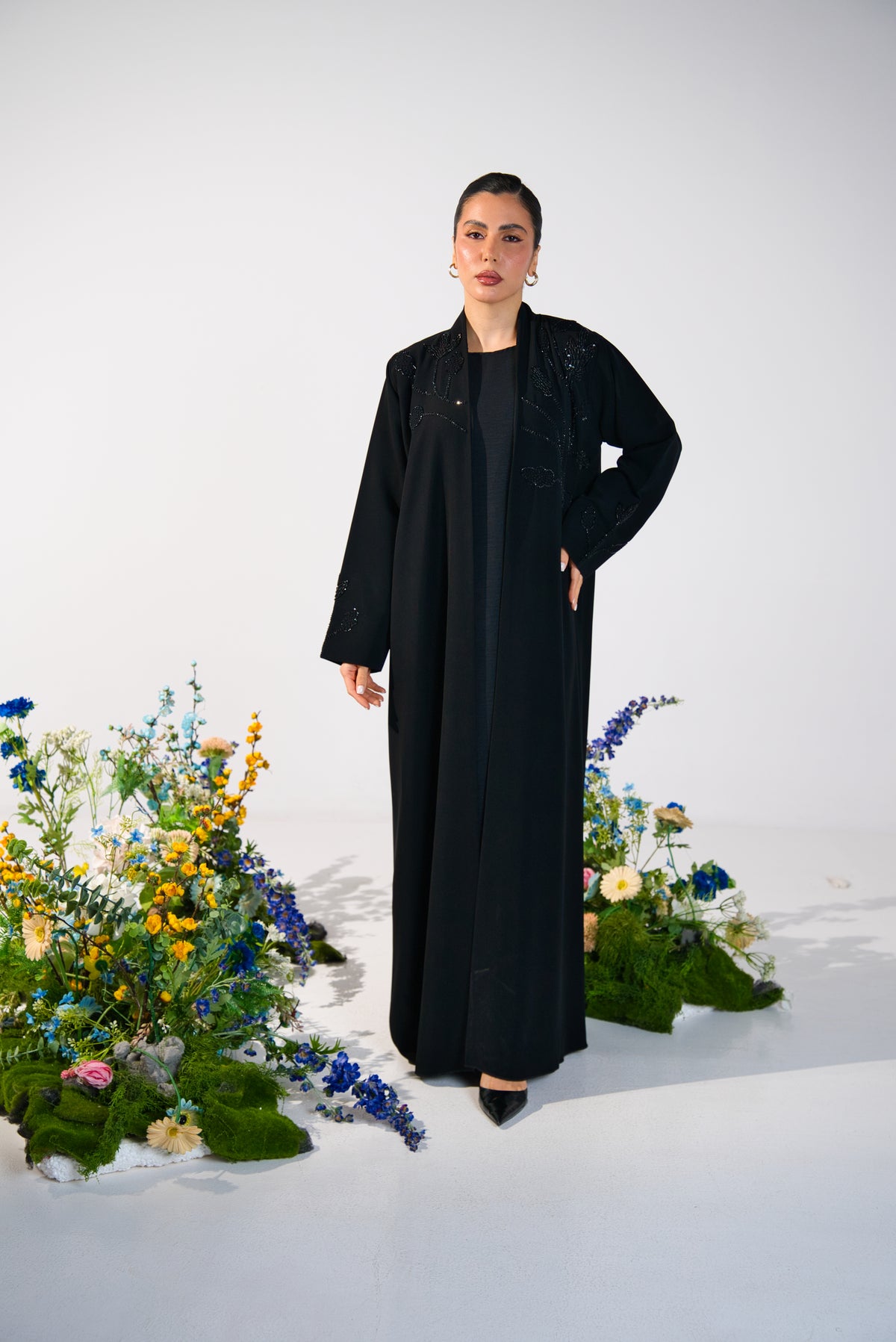Swirl-Embellished Round-Neck Black Abaya by Noura Atelier UAE - product image 2